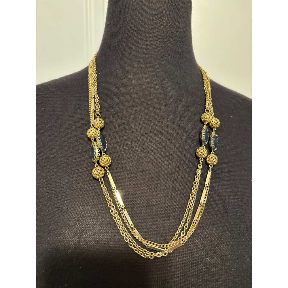 52" Opera Length Gold Tone Multi Strand Necklace Blue Stone Filigree Vintage